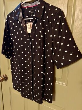 NWT-Talbots Black Short-Sleeve Button-Down with White Polka Dots